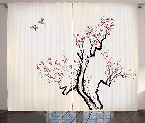 ABAKUHAUS Blumen Rustikaler Gardine, Klassische asiatische, Schlafzimmer Kräuselband Vorhang mit Schlaufen und Haken, 280 x 175 cm, Weiß Grau