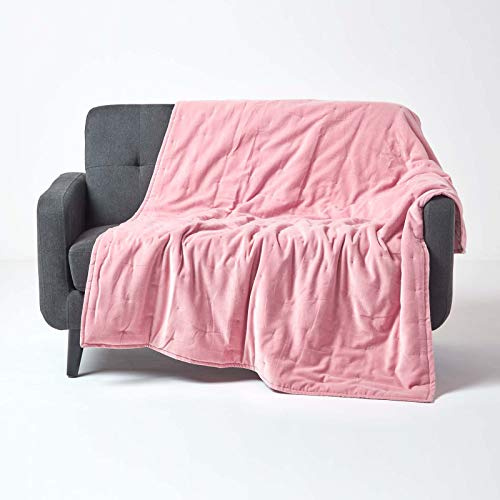 HOMESCAPES Blush Pink Velvet Throw Super Soft Thick Cotton Velvet Blanket with Handwoven Embroidered Dots and Thick Quilting Reversible Bedspread Cosy and Warm Bed or Sofa Throw, 125 x 150 cm