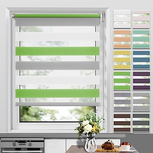 Allesin Doppelrollo Klemmfix ohne Bohren & mit Bohren, Duo Rollos für Fenster und Tür, Klemmrollo Fensterrollo lichtdurchlässig, Sichtschutz und Sonnenschutz, 75x120cm (BxH), Grün-Grau-Weiß