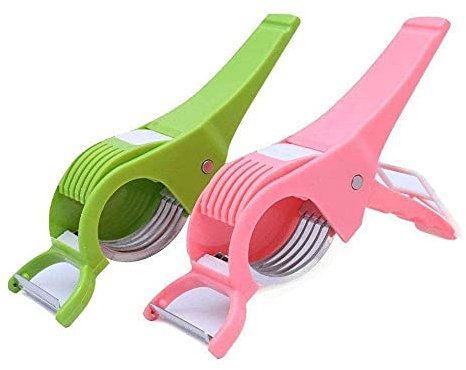 Radhna Indian Traditional Compact, Portable, 2 in 1 Vegetable & Fruit Stainless Steel Multi Cutter with Attached Peeler Slicer Set (Combo of 2) - Fastest Delivery with DHL