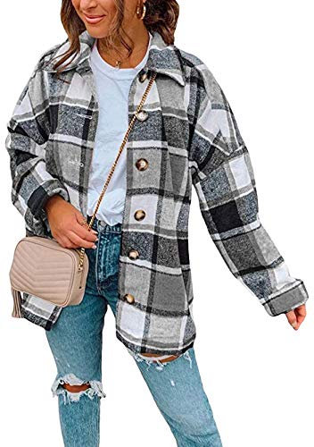 Yming Frauen Kariert Flanell Hemden Button-down Hemdbluse Langarm Karo Blusenshirt Boyfriend Grau M