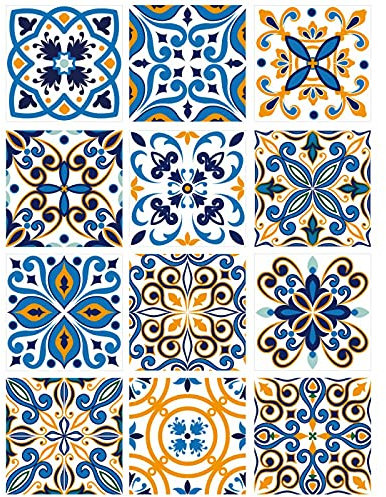 | Sticker Carrelage | Planche de 12 Stickers Carrelage - Carreaux de Ciment - Modèle AZULEJO - Dimensions d'un Carreau : 10 x 10 cm - Salle de Bains Crédence Meubles ...