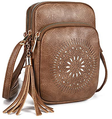 GLITZALL Borsa a tracolla a croce, piccole borse a tracolla con tasca multipla, borsa a tracolla con nappa, borsa a tracolla scava fuori, borse per telefono da donna, cachi, Small