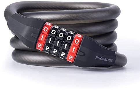 ROCKBROS Antivol de Vélo, Cadenas 180 cm/15 mm Câble Pliable avec 5 Chiffres Code Combinaison Noir