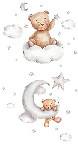 Deko Wandaufkleber, Bären Wolken Mond und Stern Wandsticker, Cartoon Niedlichen Bären Wandtattoo Fenstersticker für Kinder Babyzimmer Schlafzimmer Kindergarten Spielzimmer Wohnkultur(A+B)