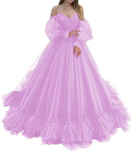 KURFACE Vestido de fiesta con hombros descubiertos para mujeres jóvenes con apliques de encaje para quinceañera vestido de bola de boda, Lila, 52