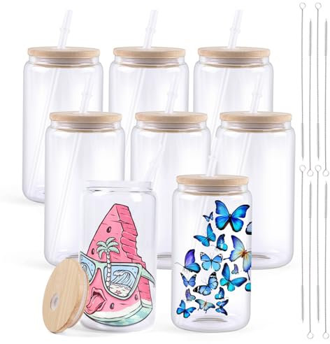 HTVRONT Sublimationsglasbecher, transparent, 473 ml, Sublimationsglas mit Bambusdeckel, Sublimationsrohlinge für Sublimation, Malerei und HTV-Vinyl-Bastelarbeiten, 8 Stück