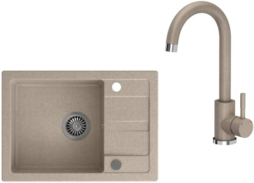 VBChome Fregadero con grifería, color beige, 62 x 44 cm, granito, fregadero individual, escurridor moteado, reversible, grifo de cocina beige + sifón