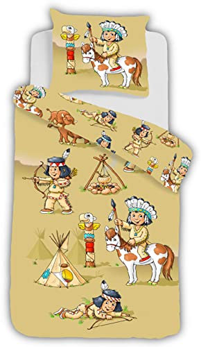 ESPiCO Bettwäsche Sleep and Dream Indianer Federn Wigwam Marterpfahl Lagerfeuer Pfeil Bogen Bison Renforcé, Größe:135 cm x 200 cm