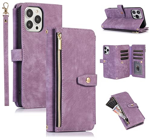 UEEBAI Case for iPhone 14 Pro 6.1 inch, 9 Card Slots Retro Leather Wallet Shockproof Flip Cover with Hand Strap Card Slots Zipper Pocket Kickstand Handbag Magnetic Closure - Purple