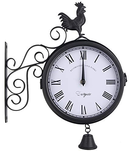 FIYSON Wanduhr Doppelseitig,Doppelseitige Bahnhofsuhr, wasserdichte Wanduhr 30 x 37 x 9 cm Bahnhofsuhr mit schmiedeeisernem Design Retrostil Gartenuhr für Bahnhof, Korridoren oder Gärten, schwarz