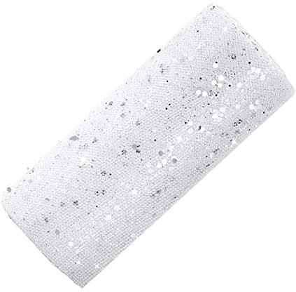 Tüll Stoff Tüll Rolle mit kleine Pailletten Glitzer Dekostoff Tüllband für Hochzeit Party Bankett Deko Handwerk Hochzeit Tischedeko Geschenk Bogen 25 Yards x 15cm (Weiß)