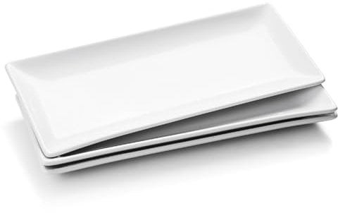 WishDeco Juego de 3 platos rectangulares grandes de porcelana (36x15 cm), platos de cerámica blanca para cenas, fiestas, apilables, aptos para lavavajillas y microondas.