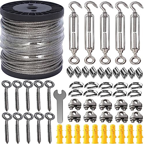 AMLOOPH Garden Wire For Climbing Plants 5mm Catenary Wire Trellis Kit, 50m Heavy Duty Stainless Steel Wires Rope Kit, M6 Turnbuckle Wires Tensioner Vine Eyes For Climbing Plants, String Light Hanging