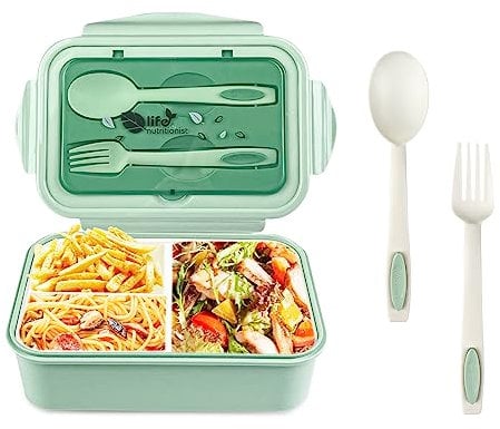 Relota Fiambrera con 3 Compartimentos y Cuchara Tenedor 1400ml, lunch box Sin BPA Hermetica fugas, bento box para Microondas y Lavavajillas, loncheras para Adultos Niños Escuela Trabajo, verde