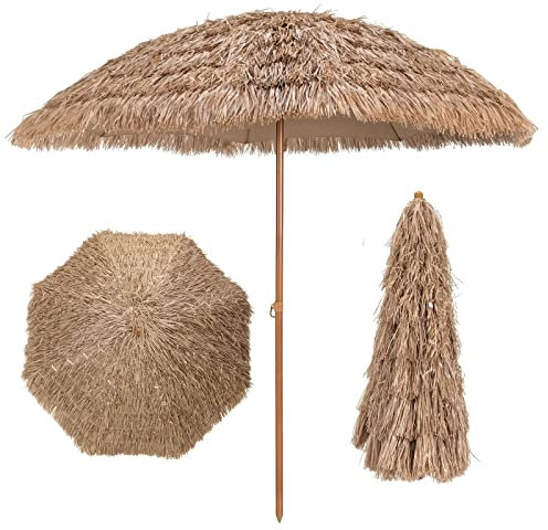 GYMAX Ombrellone Paglia PP 2x2 M, 7 Strati, 8 Stecche e Frange, Struttura Stabile in Metallo e Antivento, Adatto Spiaggia, Giardino, Terrazza, Hawaiano