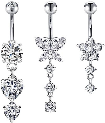 Crdifu 3pz Barra ombelicale 10mm Argento 14G Anello ombelicale Acciaio chirurgico Farfalla Cuore Fiore con ciondolo Piercing pancia Gioielli