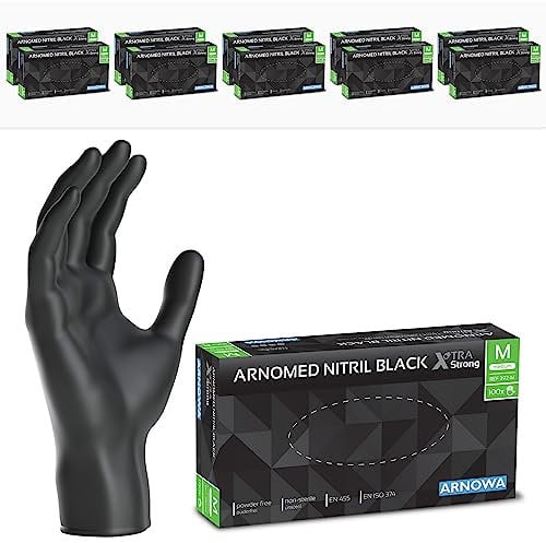 ARNOMED Gants jetables noir extra fort, gants nitrile taille M, 50% plus épais, 1000 pièces, gants jetables non poudrés, gants en nitrile mecanique sans latex, gant jetable en tailles S, M, L & XL