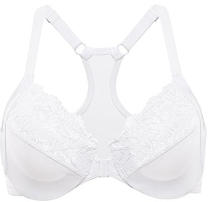 DELIMIRA Women's Racerback Front Fastening Bras Plus Size Full Coverage Lace Underwire Unlined Support Bras White 36D