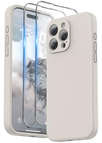 SURPHY für iPhone 15 Pro Max Hülle Silikon mit Band & Displayschutzfolie 6,7 2023, Handyhülle iPhone 15 Pro Max Case mit Kameraschutz, iPhone 15 Pro Max Schutzhülle, Stone