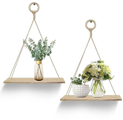 YiYa 2pcs Wandregal Holz Hängeregale Mit Seil Seil Hängende Schwimmende Regale Schwimmende Holzregale Boho Deko für Küche, Schlafzimmer, Bad, Büro,Kleine Pflanzen Dekor Wanddeko Wohnzimmer