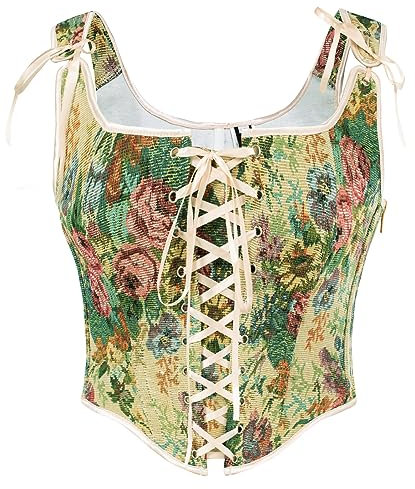 SCARLET DARKNESS Women Renaissance Pirate Corset Top Ruffle Lace Up Gothic Steampunk Bustier Overbust Jacquard Victorian Corsets Apricot 12