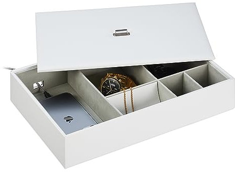 Relaxdays Schmuckaufbewahrung, Schmuckkästchen mit vielen Fächern & Deckel, H x B x T: 7 x 32 x 22 cm, Lederoptik, weiß