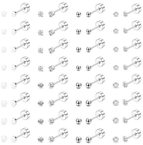 Diamday 16 coppie Piccoli Cartilagine Orecchini per donne e uomini Acciaio chirurgico Orecchini a cartilagine con retro piatto Ipoallergenici Zircone cubico Orecchini a pallina 2mm3mm Piercing Tragus