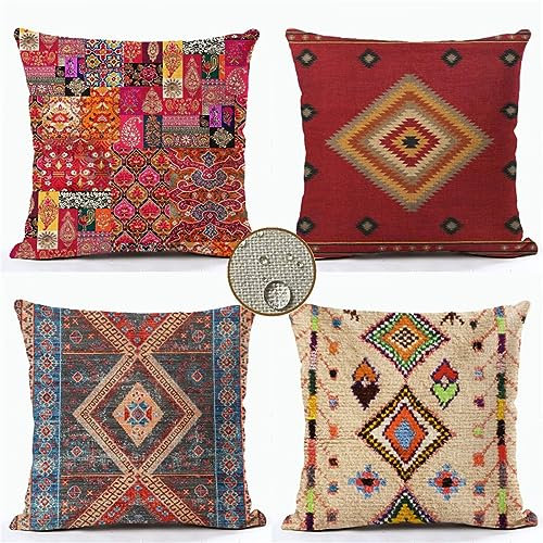 Kissenbezüge 50x50 cm 4er Set Boho Outdoor Kissen Bunt Sofakissen Dekokissen Kopfkissen Wasserfest Linen Zierkissen Quadratische Kissenhülle für Gartenmöbel Sofa Couch Bett Auto Terrasse Schlafzimmer
