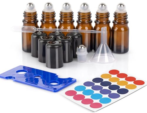 ComSaf 5ml Ätherische Öle Roller Glasflaschen, 6er Set Anti-UV Leer Glas Roll-on, Roll On Ätherische Öle, Roll On Flasche Leer, Pipette, Rollon Flaschen für Öle, Massage, Doterra Ätherische Öle