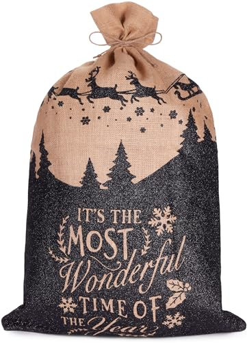BRUBAKER Weihnachtssack Most Wonderful Time of the Year - 80 cm Geschenksack Weihnachten - Nikolaussack Jutebeutel Sack mit Kordel zum Verpacken von Geschenken - Weihnachtsmann mit Schlitten