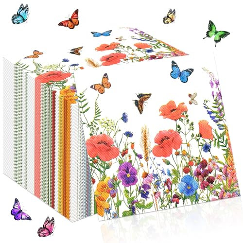 TOPJOWGA Serviette Papierserviette, 100 Stücke Servietten Blumen, Servietten Frühling Schmetterlinge, Servietten Blumenwiese, Blumenkranz Servietten Tischdekoration für Party Dekoration, 33x33cm