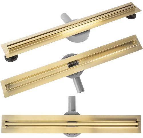 Rea Drain linéaire Neox Slim pro Brush Gold 90 Caniveau de Douche en Acier Inoxydable Siphon Sol d'évacuation pour Salle de Bain Drain De Plancher Douche (Or brossé)