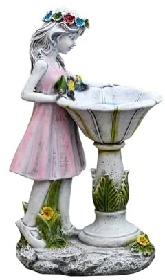 Hekdi Fairy Garden Statue Resin Angel Figurine Solar Light Outdoor Floral Fairy Lamp Lantern Water Feature Effect Garden Decoration