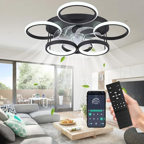 TJSC Deckenleuchte mit Ventilator, Leise, LED Deckenventilator mit Beleuchtung, App und Fernbedienung, 65W, Dimmbar, Timer, 6-Gang, Deckenlampe Mit Ventilator für Wohn-, Schlaf- und Esszimmer, Schwarz