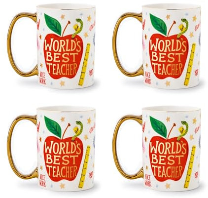 RIFLE PAPER CO. Porcelain Mug Pack of 4 | For Everyday Use and Gatherings with Unique Designs, for Friends and Family Anytime of the Year, Coffee Tea Enthusiasts and more, World's Best Teacher