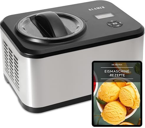 KLAMER Eismaschine 1,5L, 120 W Eiscrememaschine aus Edelstahl mit Kühlfunktion, hausgemachtes Speiseeis mit selbstkühlendem Kompressor, mit digitalem Rezeptbuch
