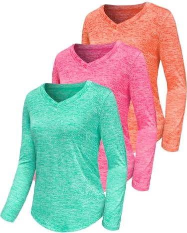 3 Pack Women's Gym Shirts Tops Long Sleeve Tee Yoga Running Top Workout T-Shirt Lightweight Moisture Wicking Quick Dry UPF 50+ Sun Protection Loose Fit V-Neck for Ladies Set5 L