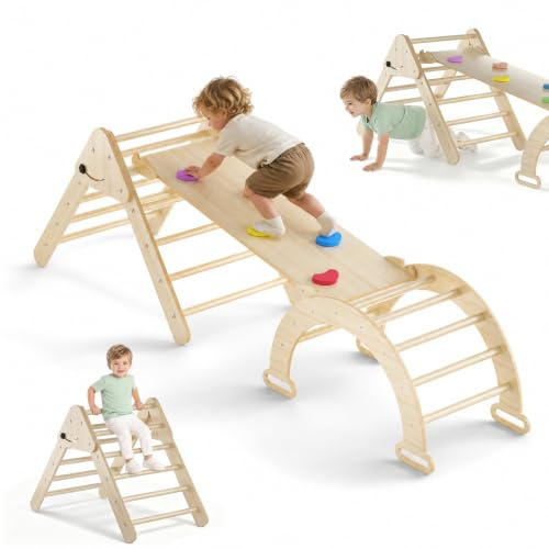 Froadp Struttura da arrampicata per interni 3 in 1 con scivolo e arco da arrampicata triangolo in legno naturale, pieghevole, set di giocattoli educativi per bambini a partire da 1