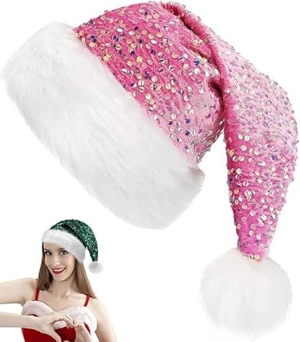 Pink Sequined Santa Hat Shiny Christmas Hat, Unisex Soft Plush Deluxe Xmas Santa Claus Hat, Velvet Comfy Santa hat for Santa Claus Fancy Dress, Christmas New Year Party, Xmas Tree Decorations Adults