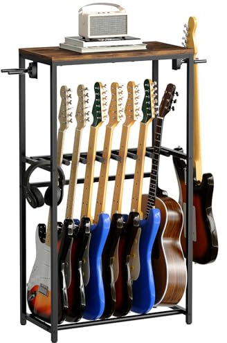 MAHANCRIS Support de Guitare, Stand Guitare à 2 Niveaux pour 7 Guitares, Idéal pour Entreposer Guitare Acoustique, Basse, Ukulélé, Tourne-Disque, Enveloppé de Mousse EVA, Marron et Noir AGSHR6701