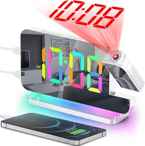 EVILTO Sveglia Digitale con Orologio a Specchio LED da 7,4”, Snooze, Orologio Proiettore Ruotabile di 180° con Adattatore, 12/24 Ore, Doppia Porta di Ricarica, Luminosità Regolabile in Volume,Bianco