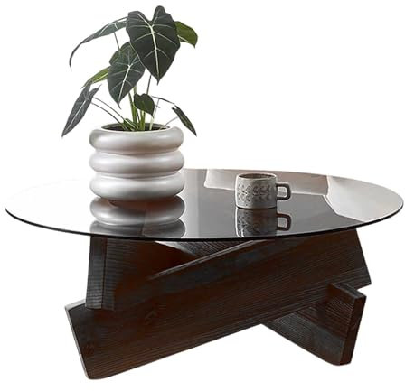 Tables Basses Rondes en Verre pour Salon, Bureau à Domicile, Table Centrale Unique et Simple avec Plateau en Verre trempé Transparent et Pieds en Bois