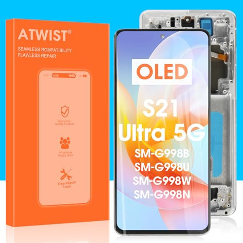OLED pour Samsung Galaxy S21 Ultra 5G LCD Écran - Remplacement pour Galaxy S21 Ultra 5G LCD Display SM-G998B G998U G998N Écrantactile Numériseur Verre Full Assemblée Kits (Argent avec Cadre)