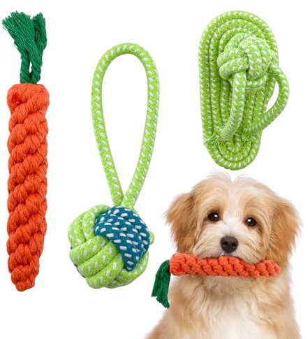 HYSHLC 3 PCS Cotton Puppy Chew Toy, Dog Rope Toys, Carrot Dog Toy, Dog Ropes for Aggressive Chewers, Interesting Puppy Toy, Puppy Tug Toy Pack with Ball, Teething Leash, Tug of War