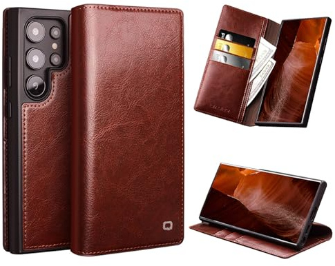 qichenlu Robustes Rindsleder Retro Braun Echt Leder Klapp Hülle für Samsung Galaxy S25 Ultra,Zert. Echtes Leder Handytasche mit Kartenfach Ständer,Book Flip Cover Wallet Case