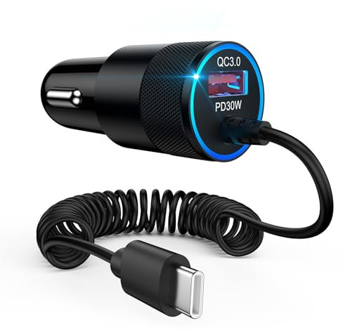 USB C Samsung Car Charger Adapter,48W Cigarette Lighter USB Charger,PD30W & QC3.0 Fast Car Phone Charge with 4FT Coiled Cable for iPhone 16 Pro 15 Samsung Galaxy S25 Ultra S24 S23 S22 S21 A16 A55