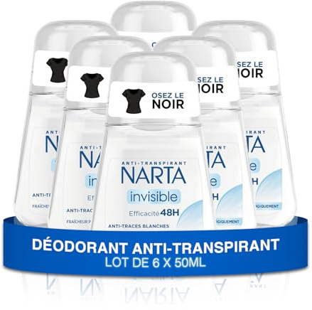Narta Deodorant für Damen, Rolle, unsichtbar, schweißhemmend, 48 Stunden Wirksamkeit, gegen weiße Flecken, 6 x 50 ml