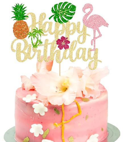 DIELOVEHUA Decoraciones para Tarta Hawaiana, Adornos para Tartas de Flamenco, Piña Hoja de Palma Cupcake Topper, para Tropical Hawaiian Luau Verano Playa Boda Cumpleaños Fiestas