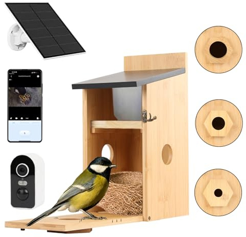 Vogelhaus mit Kamera Solar, Nistkasten für Draußen Wetterfest, 2.4G WiFi | 5MP HD Nachtsicht, Smarter Vogelbeobachtung mit App-Benachrichtigung und Bewegungserkennung, KI-Erkennung für Vögel